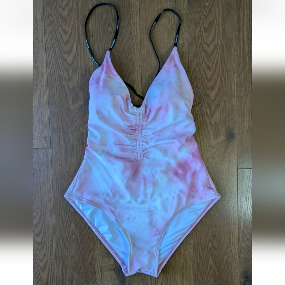 Calvin Klein Standard Tie Back Logo One Piece Swimsuit Pink Large NWT
